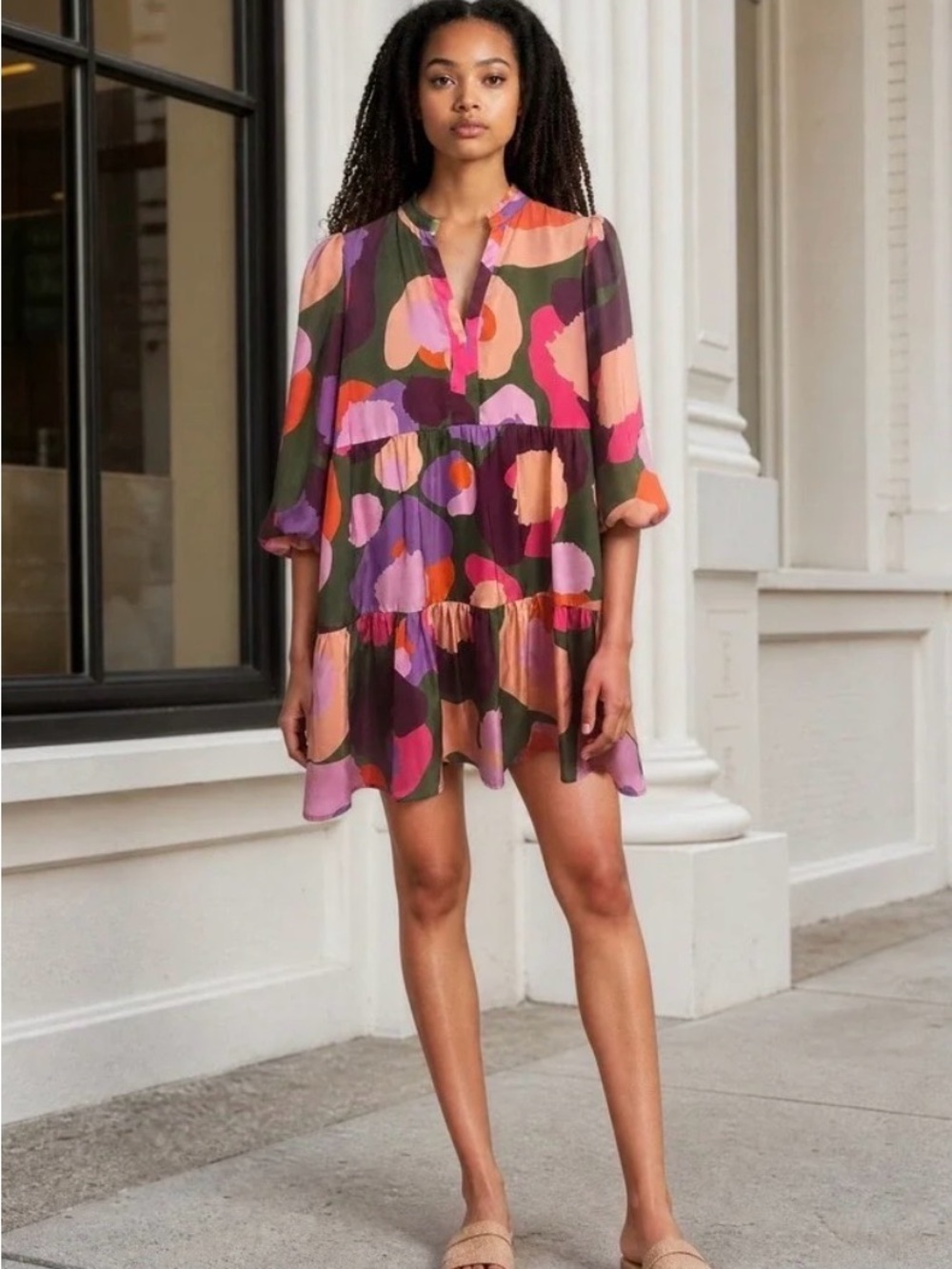 Flowy Floral Tiered Mini Dress - Olive Multi